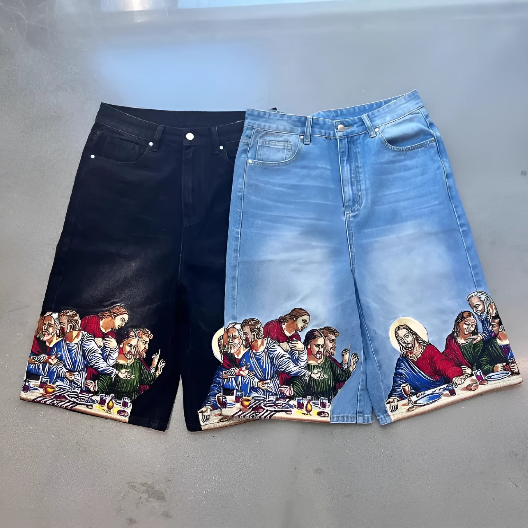 Men's blue cotton shorts with Jesus print on back pocket and tapered legs