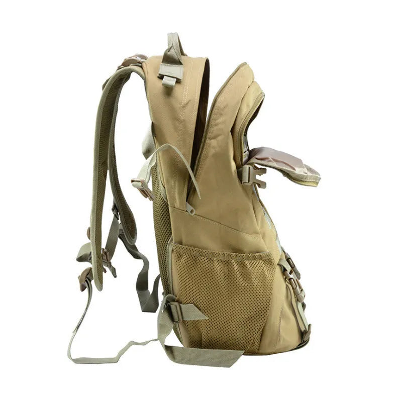Outdoor mountaineering backpack in Oxford cloth showing air pillow belt and one of ten available colour options.