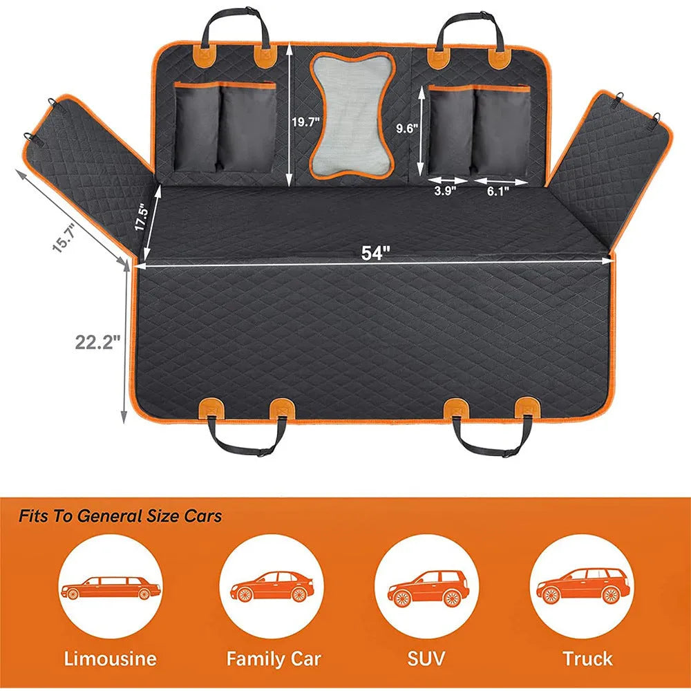 Black and orange waterproof dog car seat cover shown converted into a hammock on a rear car seat.