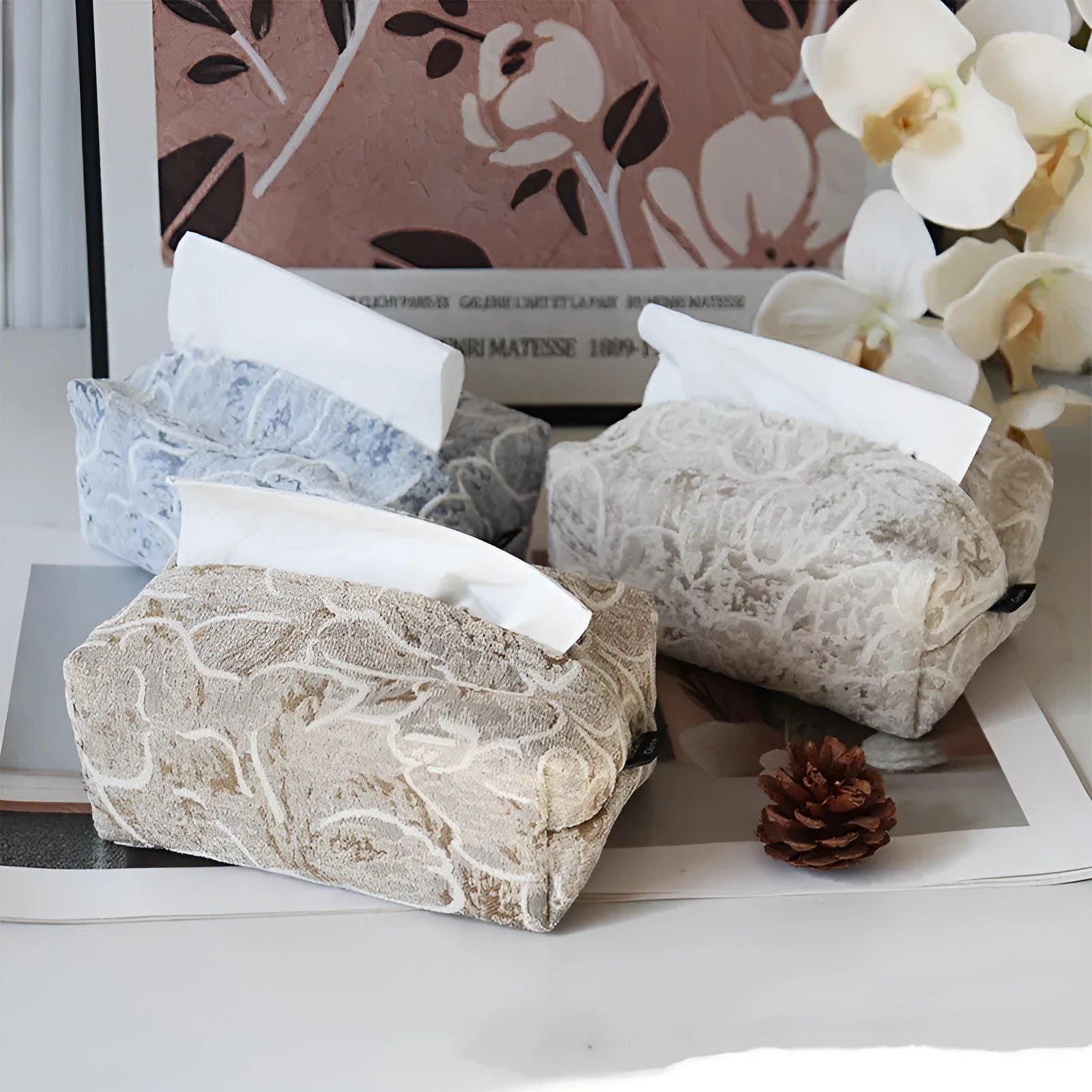 Chinese style floral tissue box with cotton fabric in beige, blue, or brown rose patterns