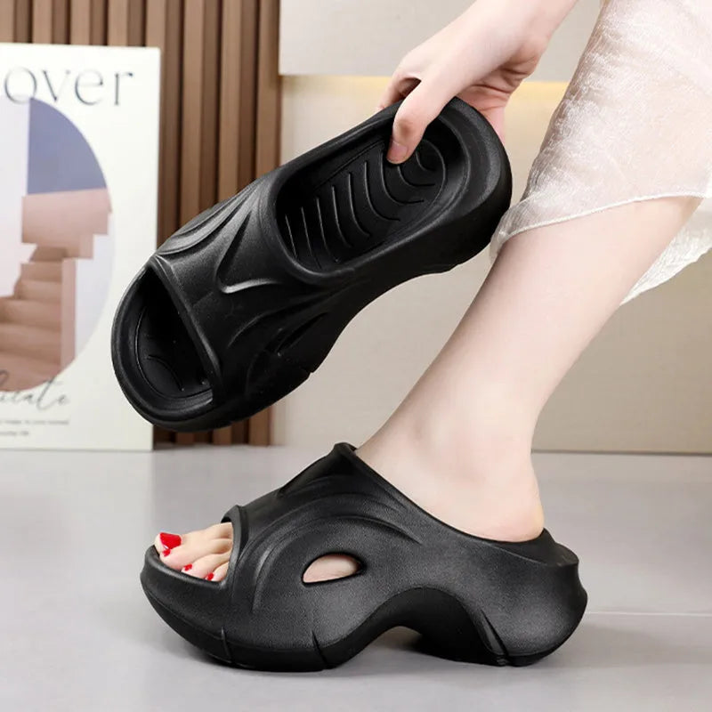 Women's thick-soled EVA outdoor fashion slippers in black, white, and rose red colour options