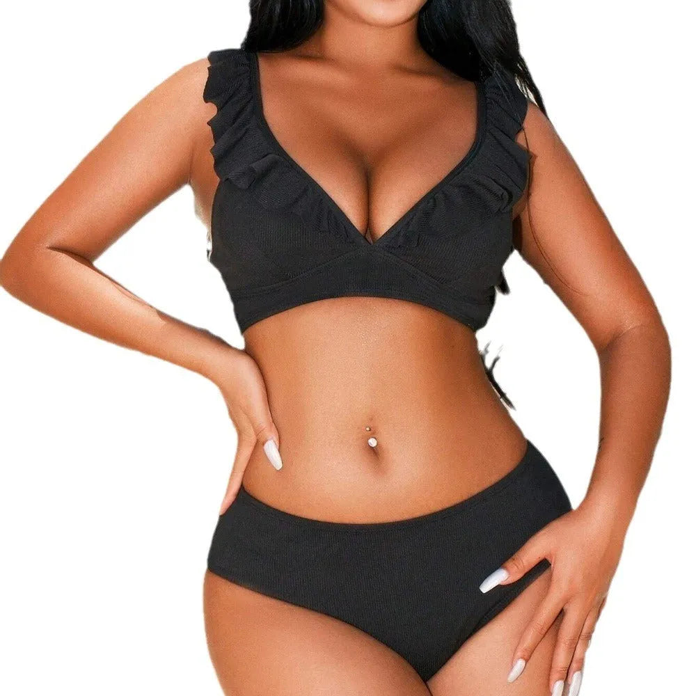 Fresh retro striped split bikini set in black stripes for women swimming