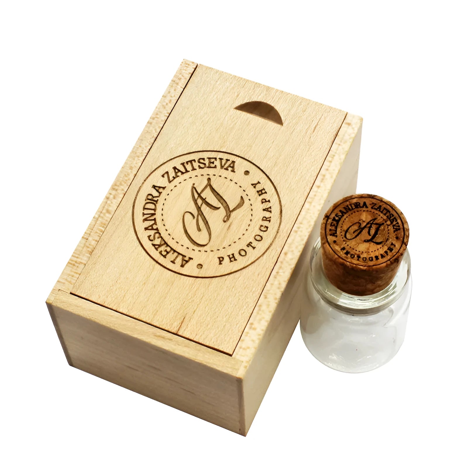 Chocolate brown wooden drift bottle USB flash drive with custom graphic printing