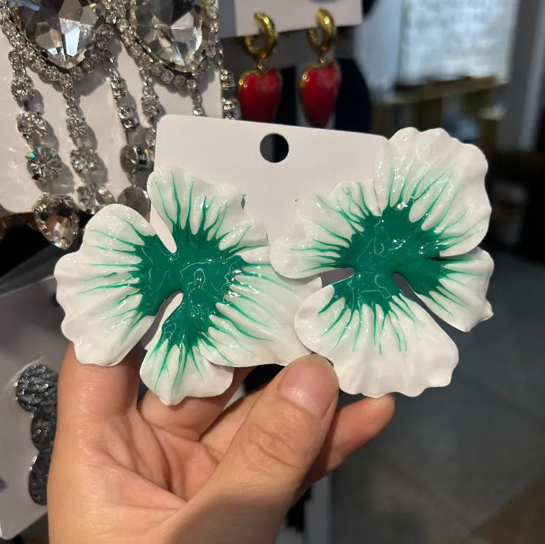 Pastoral style alloy flower stud earrings with oil-spot glaze finish in blue, green, purple, and rose colour options