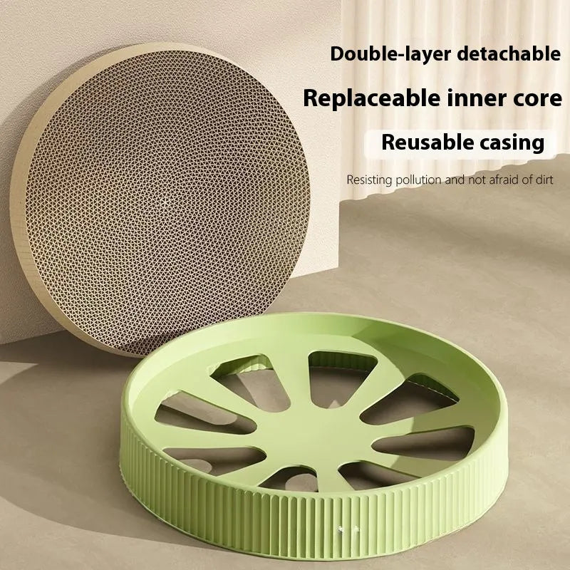 Green round cat scratching board and bed with replaceable corrugated cardboard centre, 55cm diameter