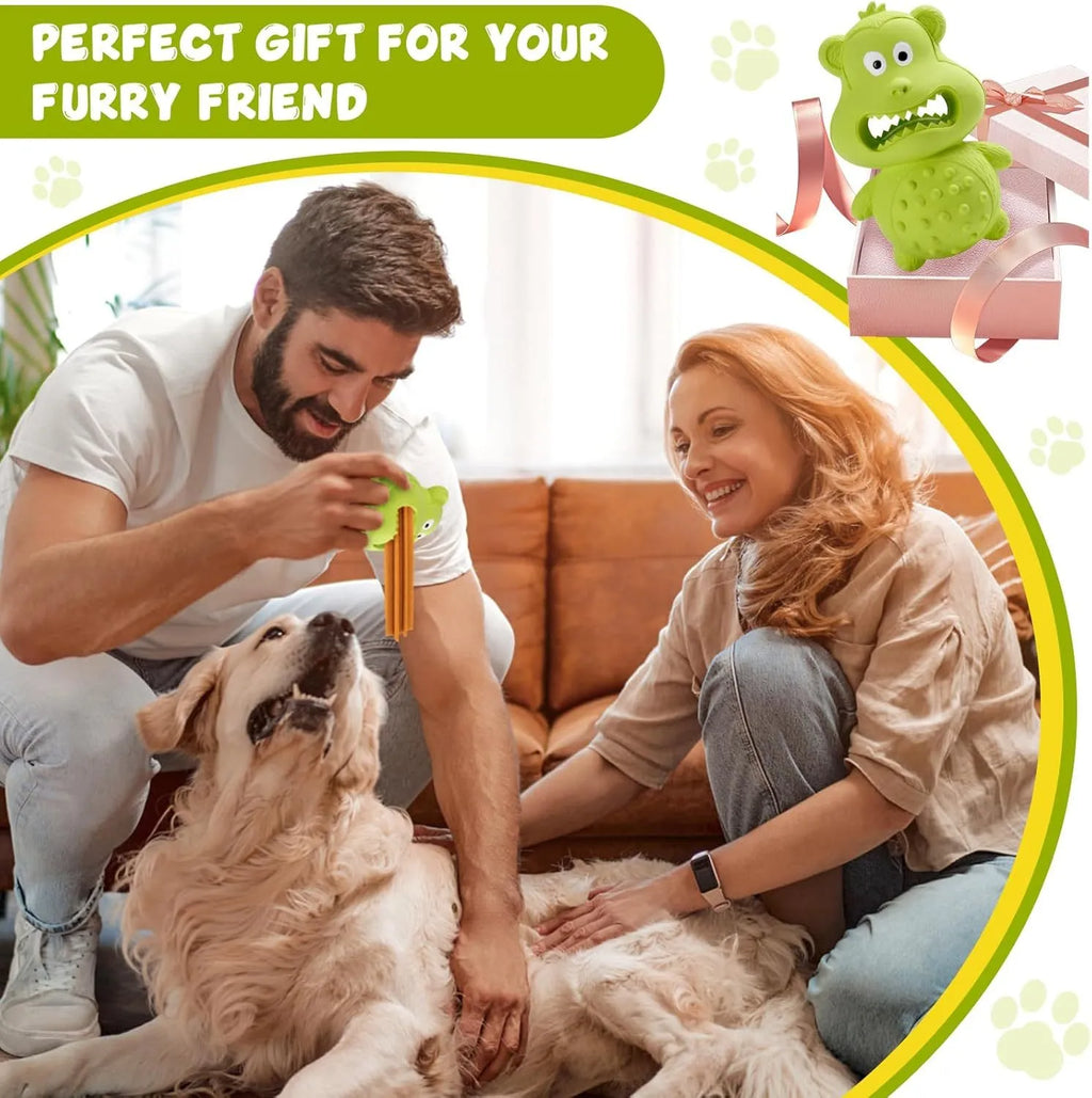 Green and yellow natural rubber chew toy for large breed aggressive dogs on a wooden floor.
