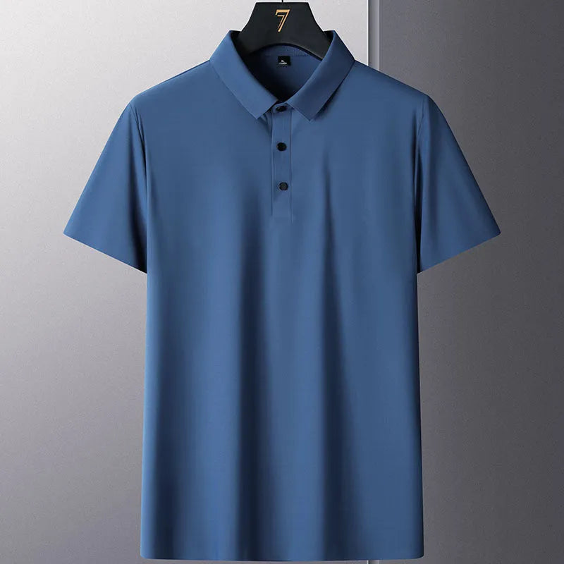 Men's solid colour short sleeve non-ironing business shirt on a hanger.