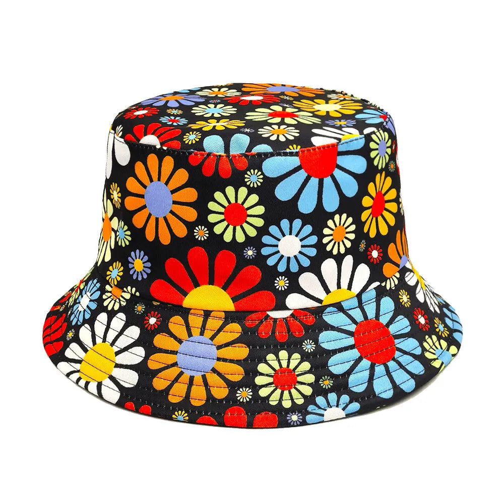 Colourful floral print polyester bucket hat with dome crown in medium size 56-58cm