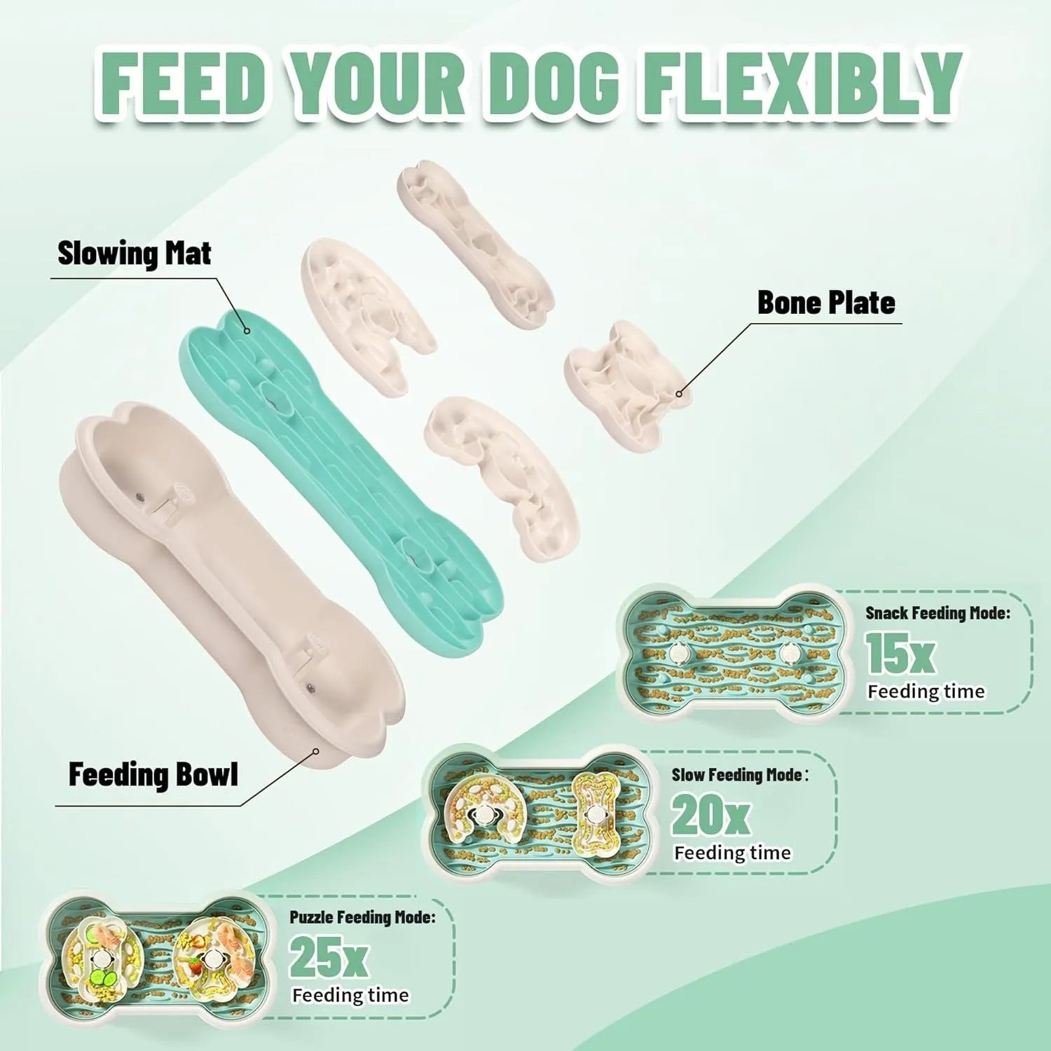 Large green slow feeder dog bowl with three-tier puzzle design for dry and wet food