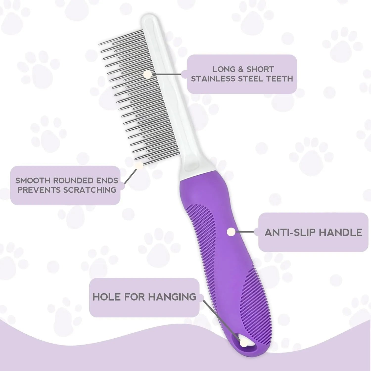 Purple pet detangling comb with stainless steel teeth on wooden surface