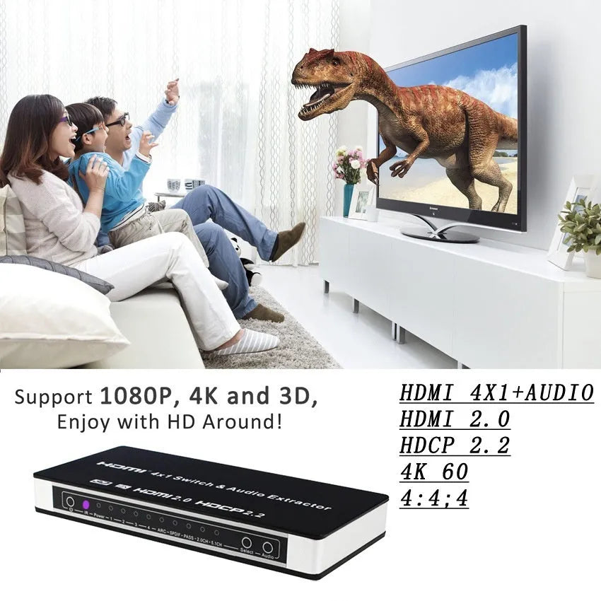 Black HDMI audio video switch unit with remote control for four input sources.