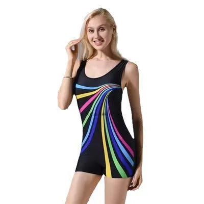 Women's black and blue one-piece swimsuit with sleeveless conservative design