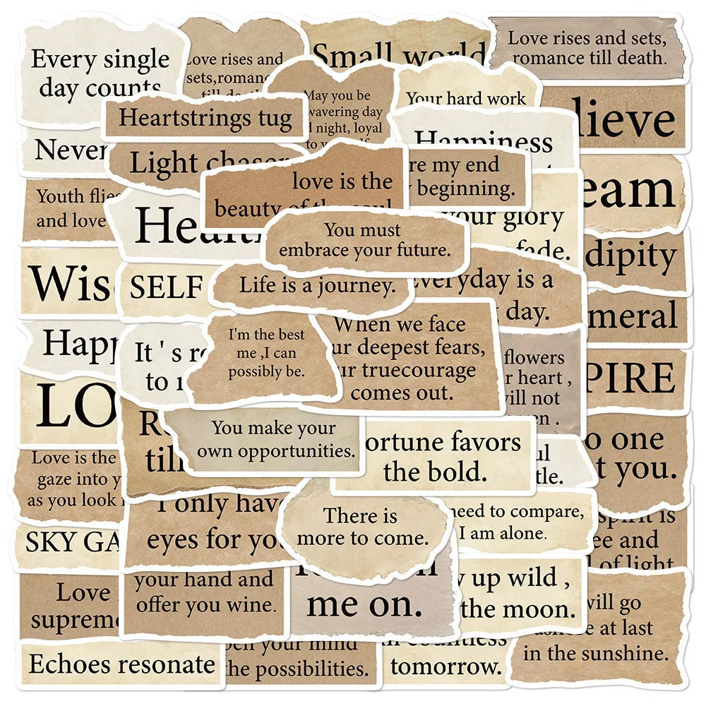 Pack of 25 torn English style PVC waterproof decorative stickers for laptops and notebooks measuring 4-7cm