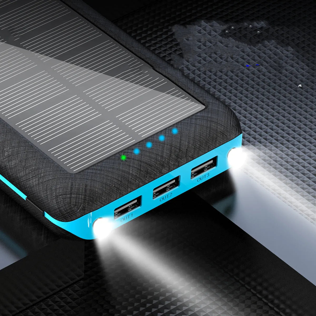 Black portable solar power bank with wireless charging pad and three USB ports on a wooden surface.