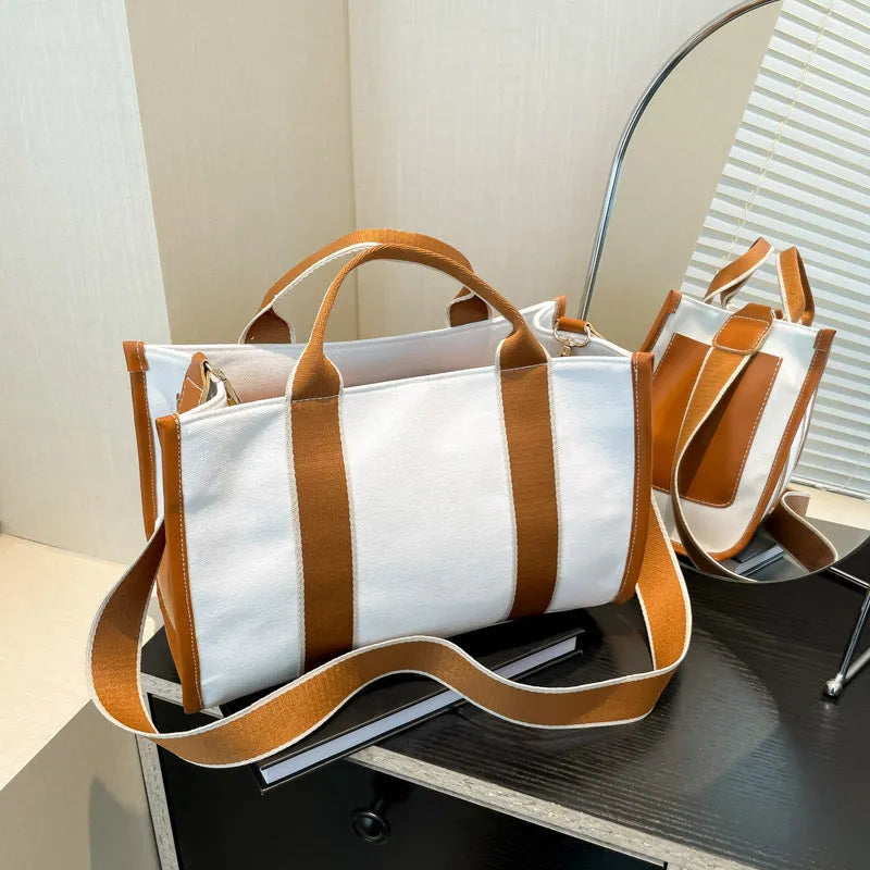 Canvas tote bag for women Korean style large capacity horizontal square shoulder bag in black with spliced design and open pocket