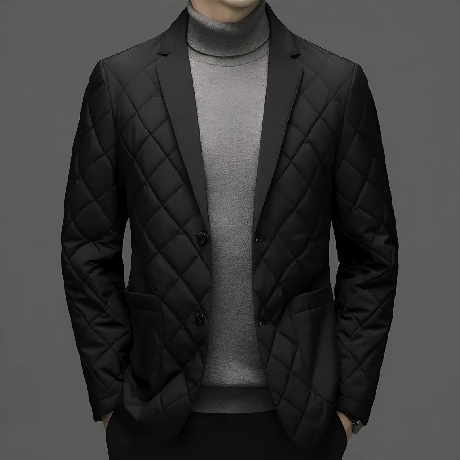Men's winter down jacket with lapel collar and side pockets in solid colour