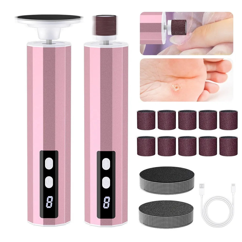 Electric callus remover and nail trimmer with sandpaper pads in pink, black or purple with USB charger