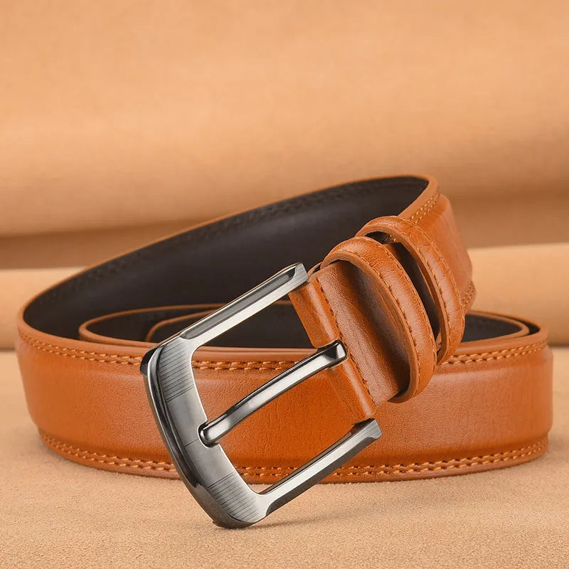 Men's pin buckle cowhide belt in genuine leather with alloy buckle, black colour, 125cm length
