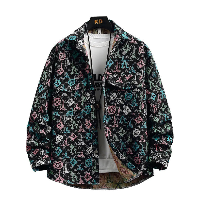 A casual long-sleeved lapel shirt coat in a straight hem style, shown in one of its available colours.