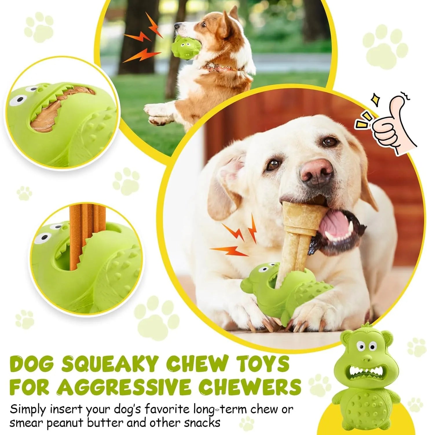 Green and yellow natural rubber chew toy for large breed aggressive dogs on a wooden floor.