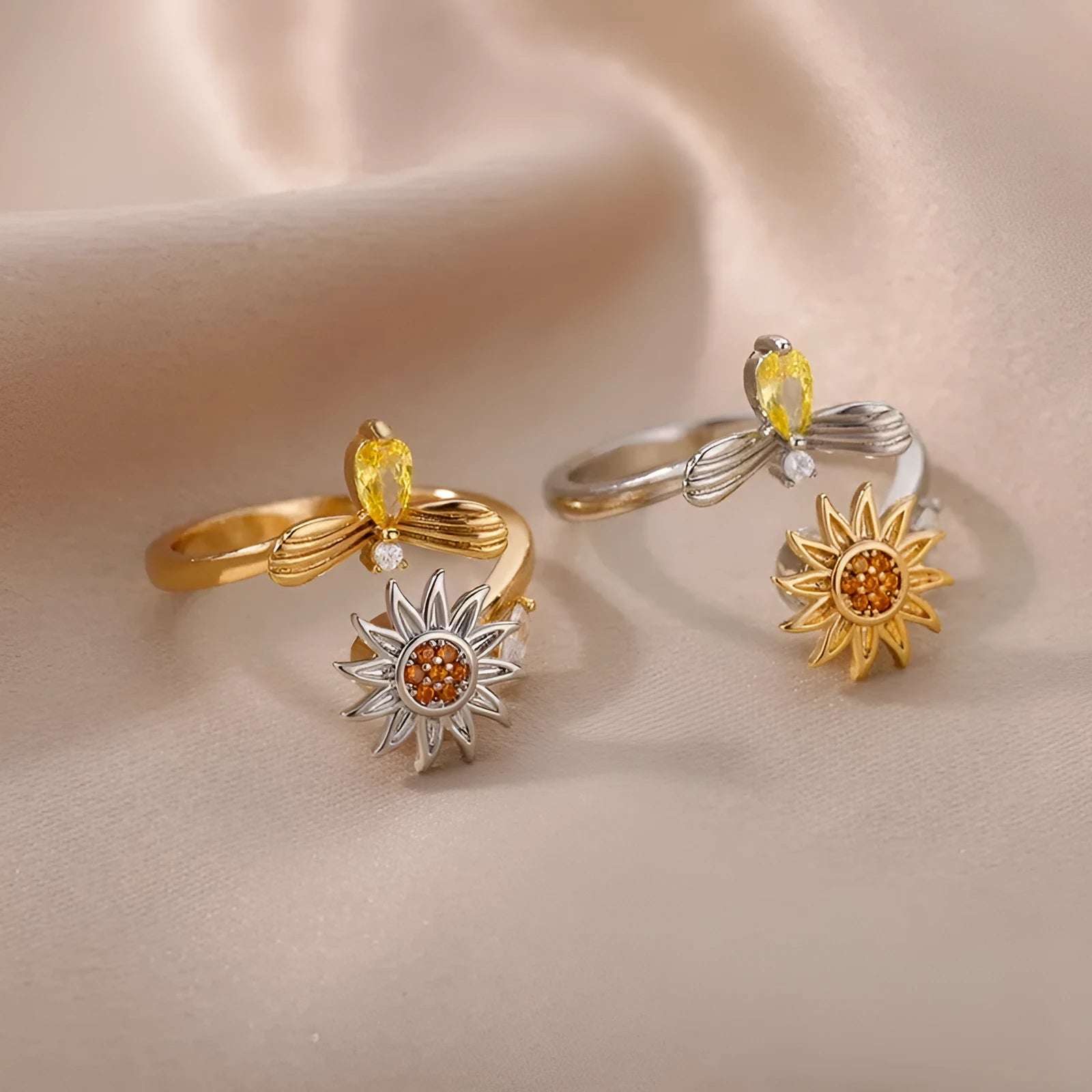 Gold and platinum rotatable decompression ring with adjustable opening and geometric round design