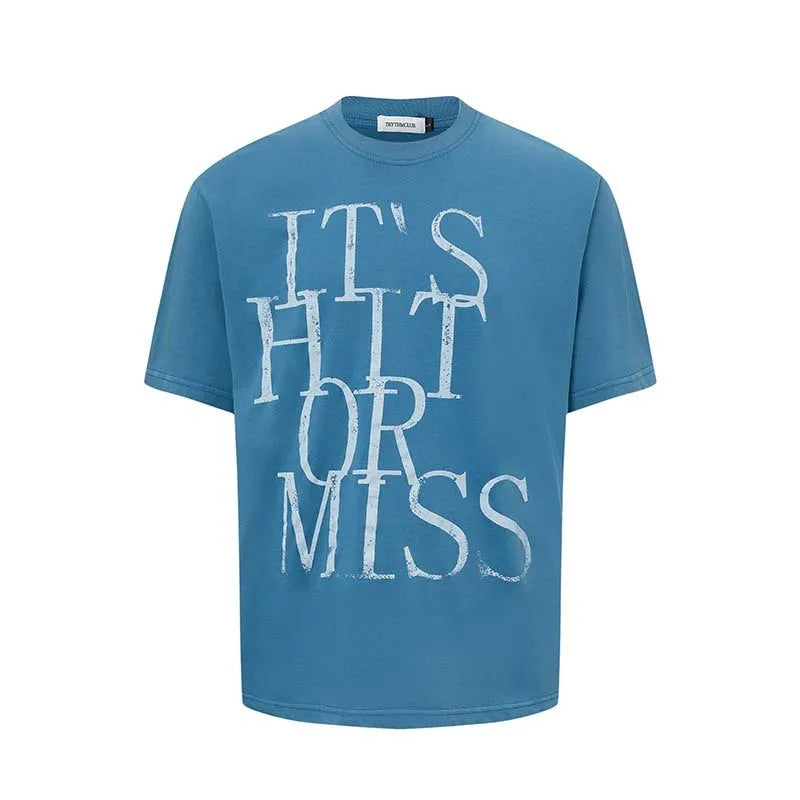 Men's blue American-style letter printed round neck T-shirt, loose fit