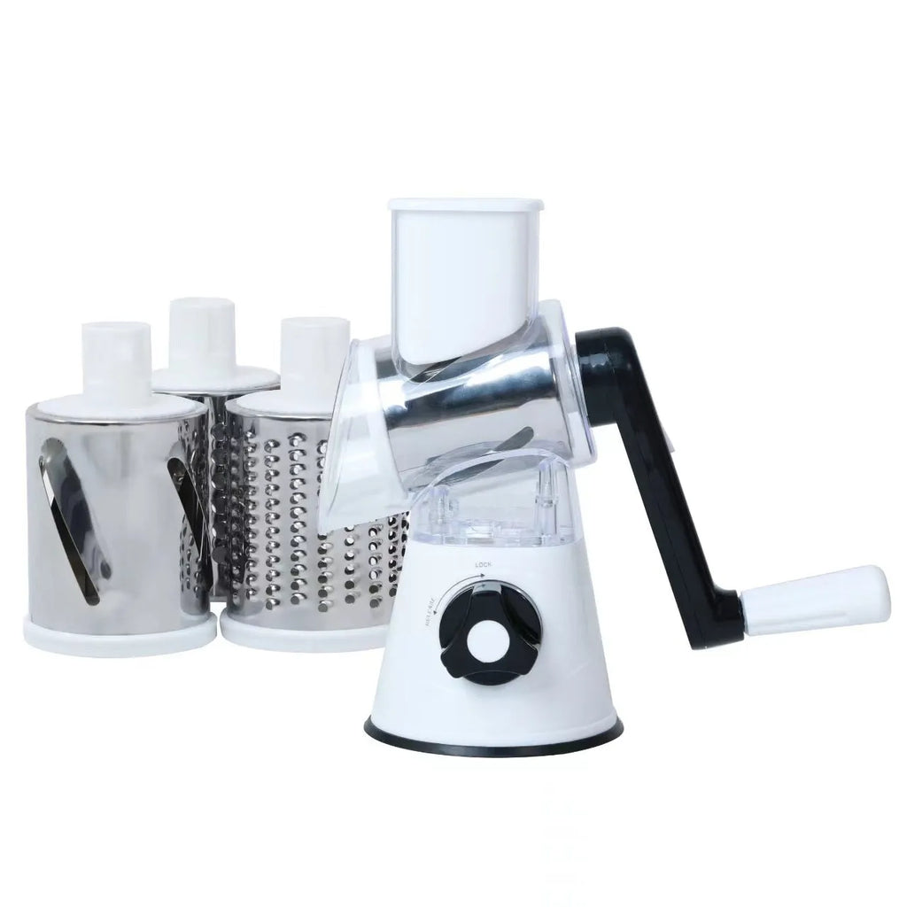 Blue multi-function kitchen vegetable chopper with suction cup base on countertop.