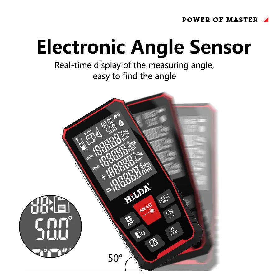 Handheld plastic digital laser rangefinder for measuring distances up to 120 metres.