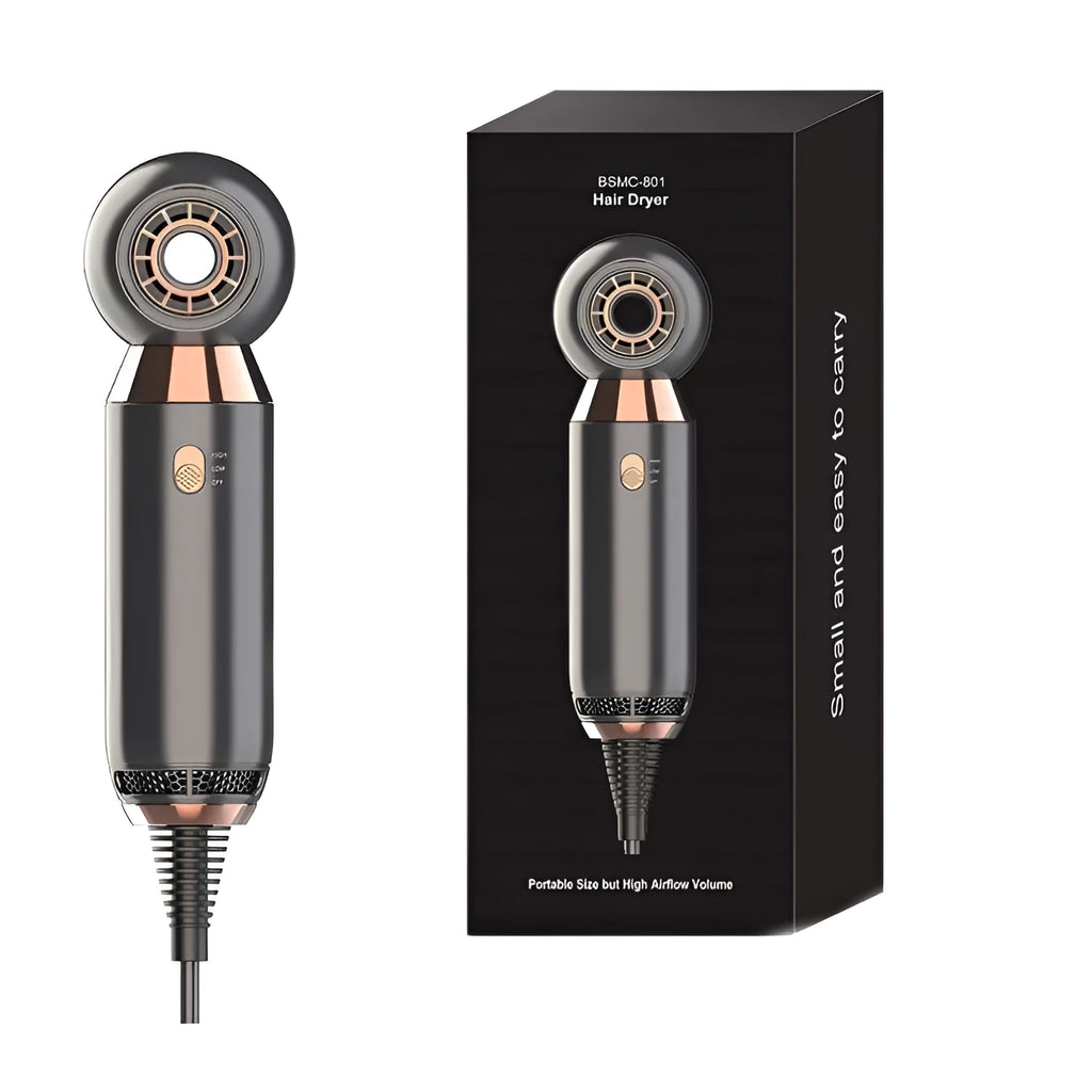 Compact white hair dryer with diffuser attachment on a table