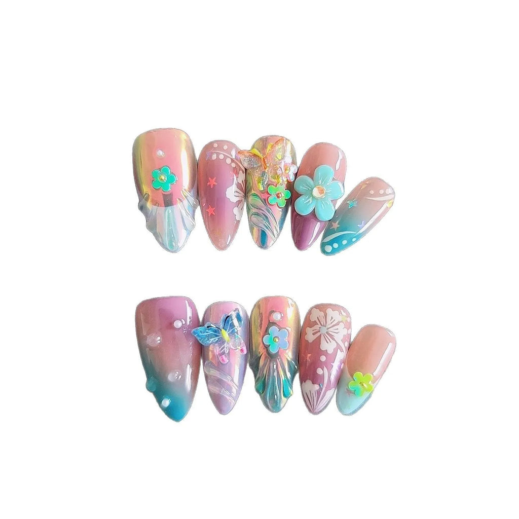Handmade colourful false nails with embossed small flower and butterfly designs in almond shape.