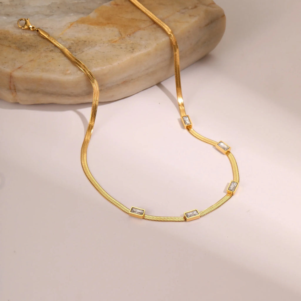 Retro geometric square zircon necklace with stainless steel flat snake chain in gold or steel colour