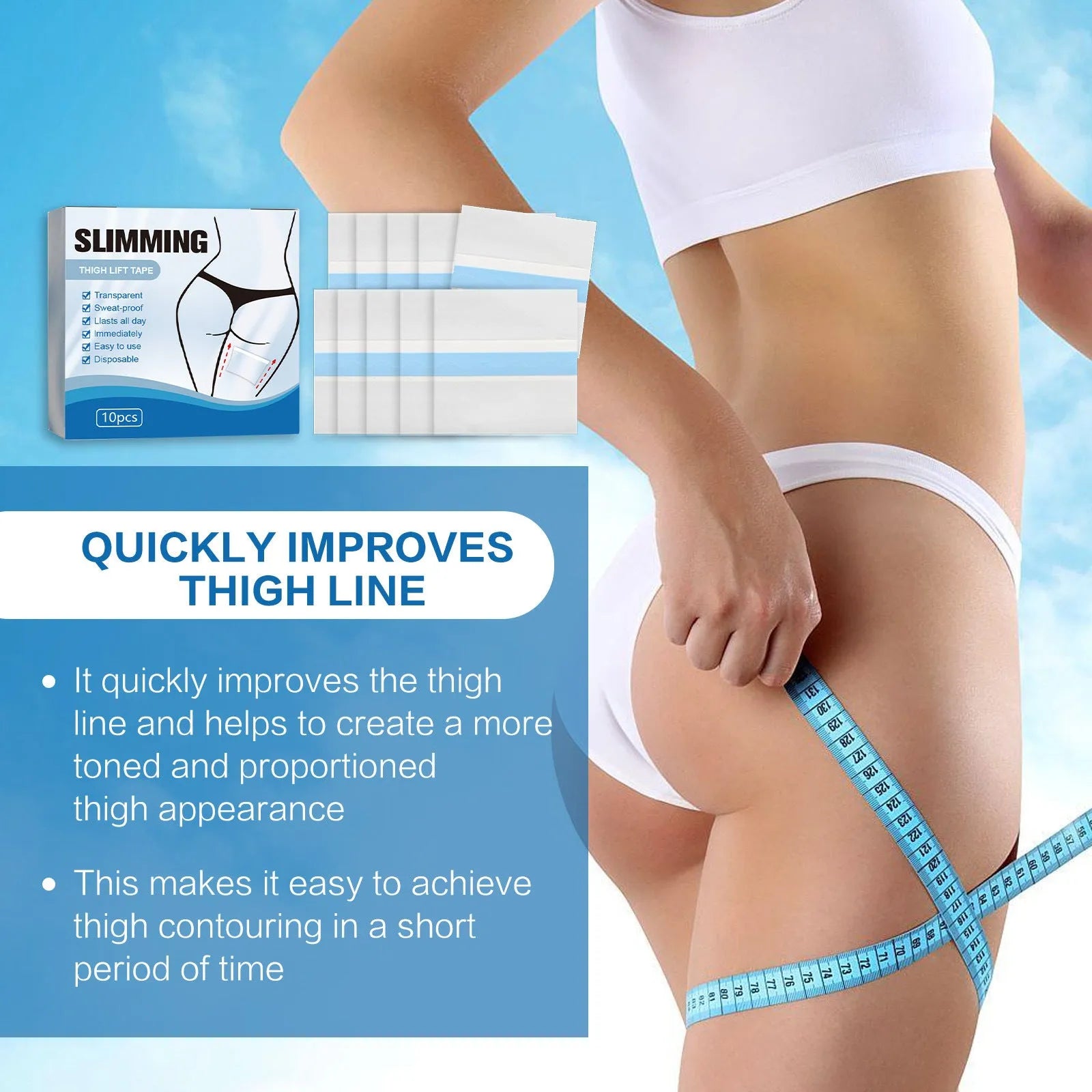 Box of 10 square body shaping navel patches on skin, each 12cm by 12cm.