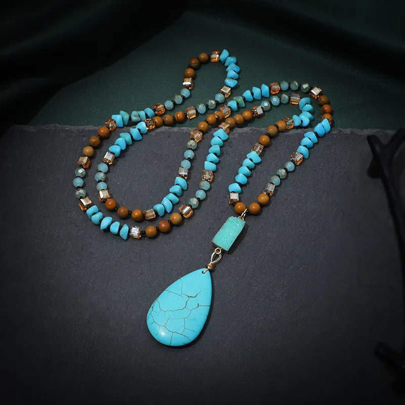 Turquoise blue imitation mineral pendant necklace with mixed gem inlaid details on ball bead chain