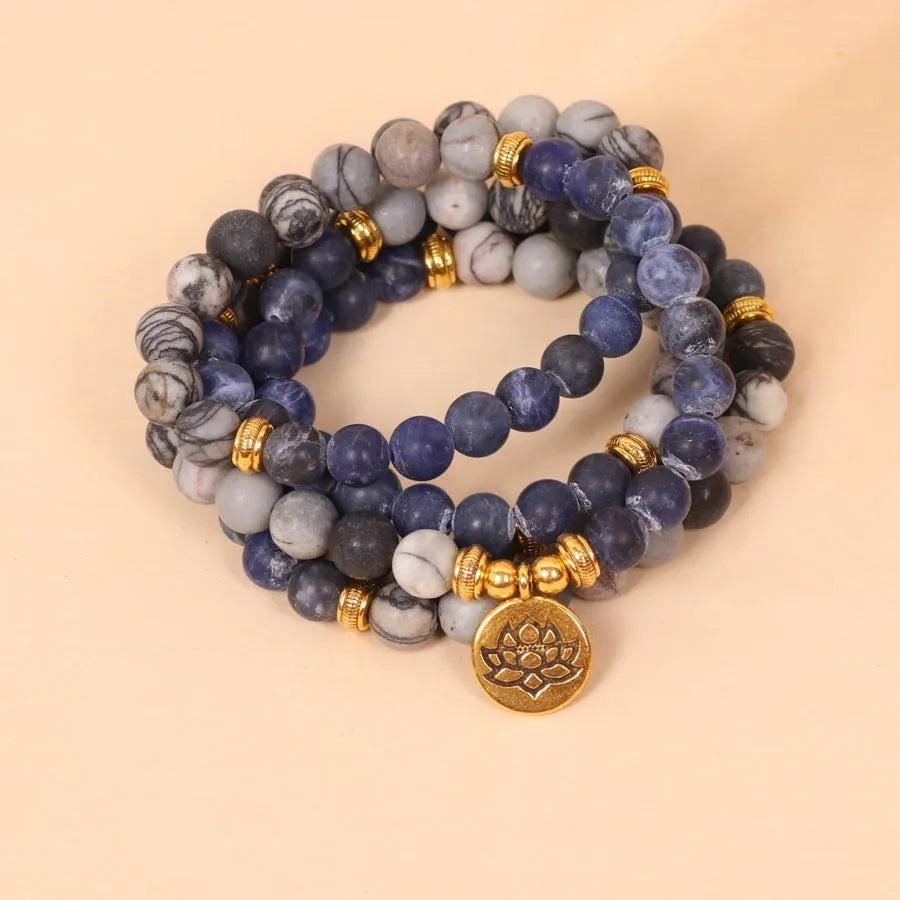 Blue patterned network stone bead multi-layer bracelet with alloy construction and adjustable fastening