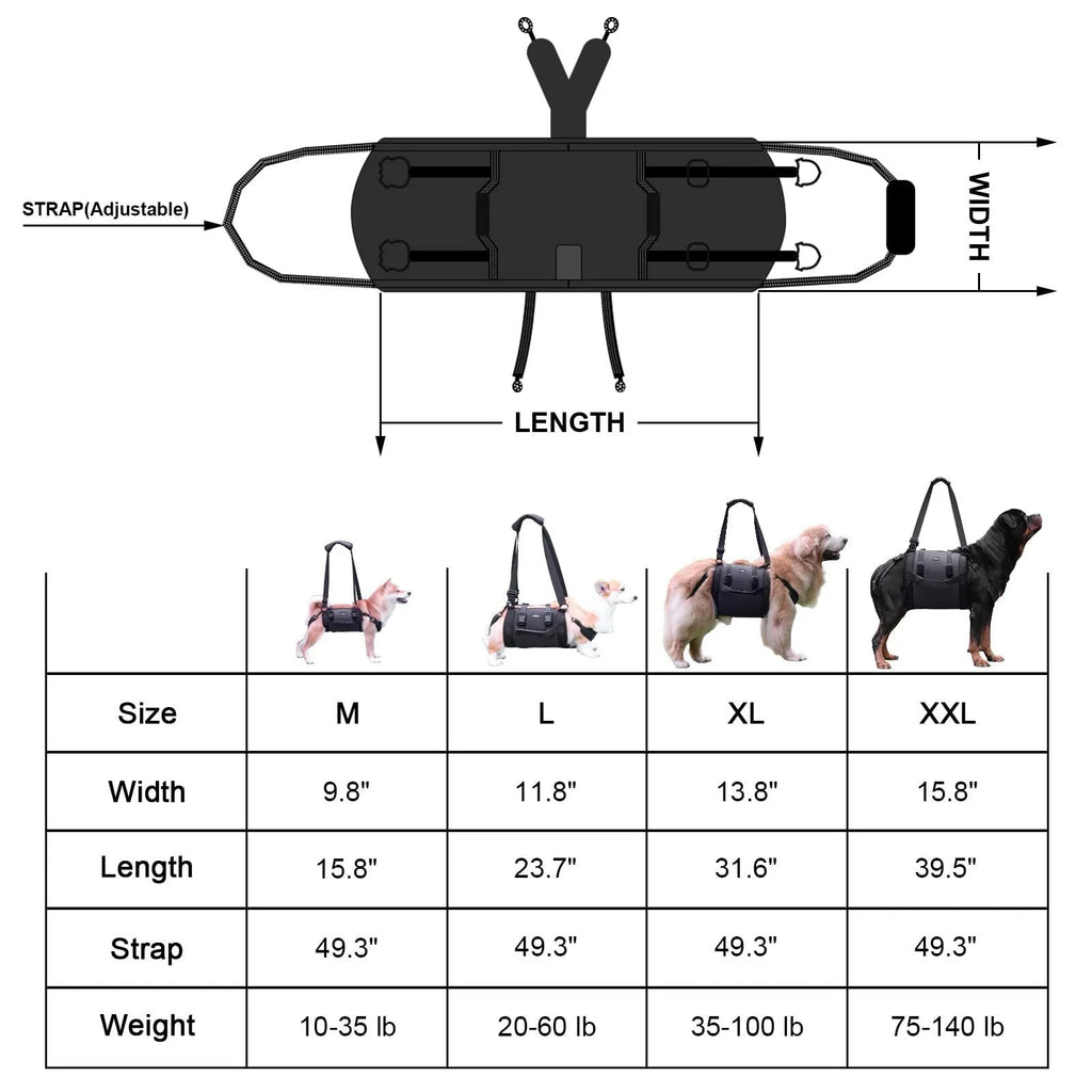 Black Oxford cloth dog rehabilitation harness showing breast strap design on size chart.