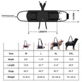 Black Oxford cloth dog rehabilitation harness showing breast strap design on size chart.