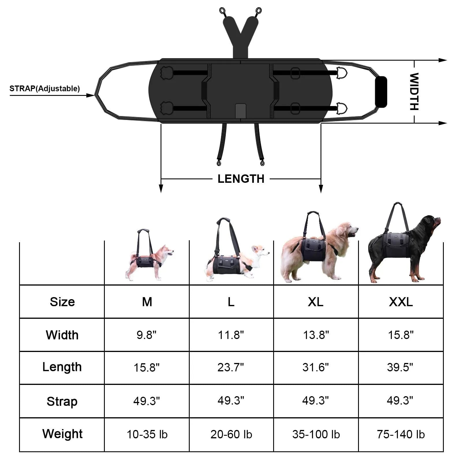 Black Oxford cloth dog rehabilitation harness showing breast strap design on size chart.