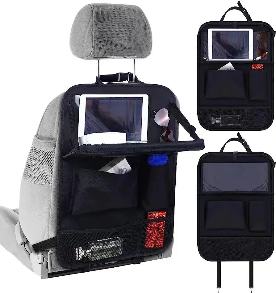 Black Oxford cloth car seat back storage bag hanging behind vehicle seat