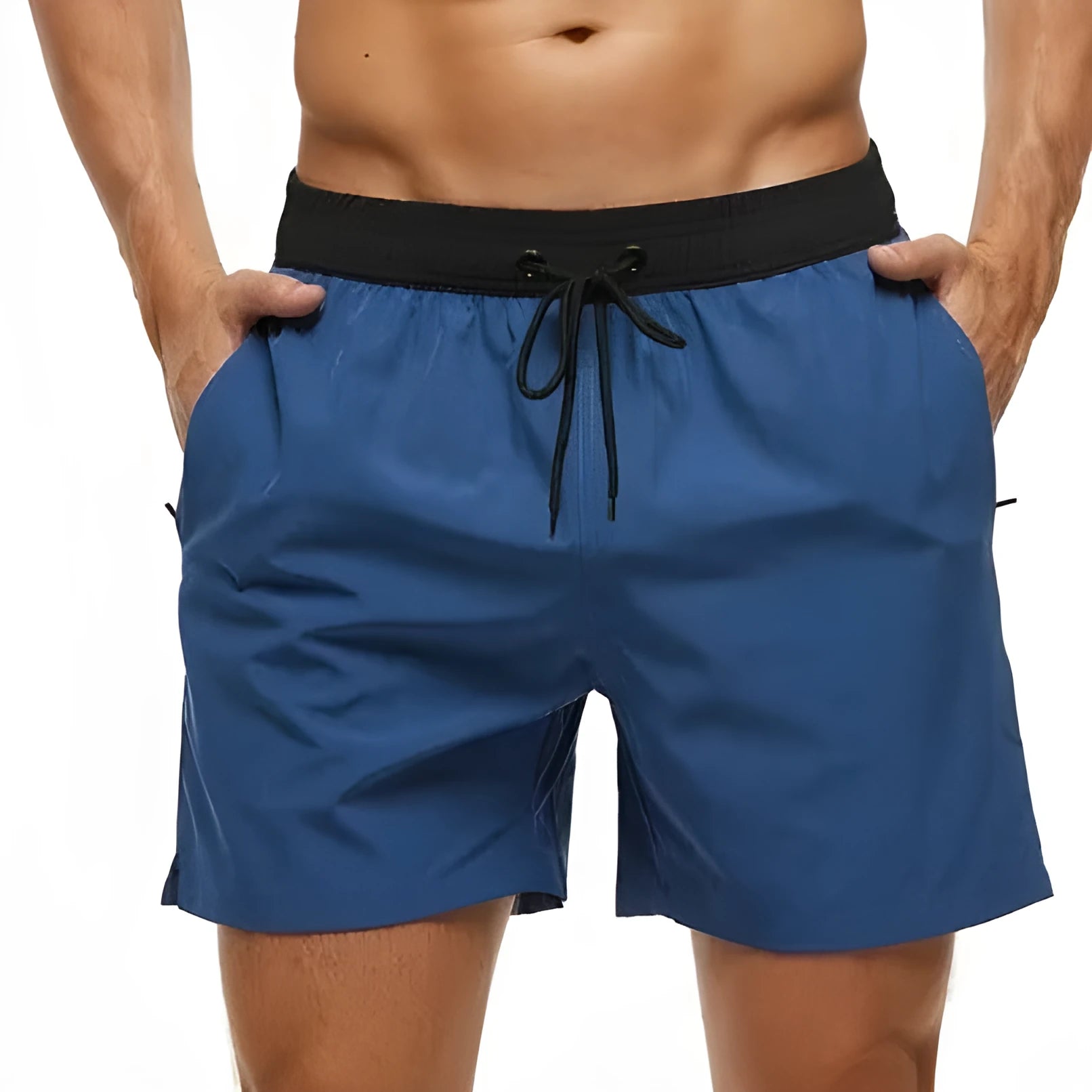 Men's blue training shorts with stitching waist detail and headband pocket
