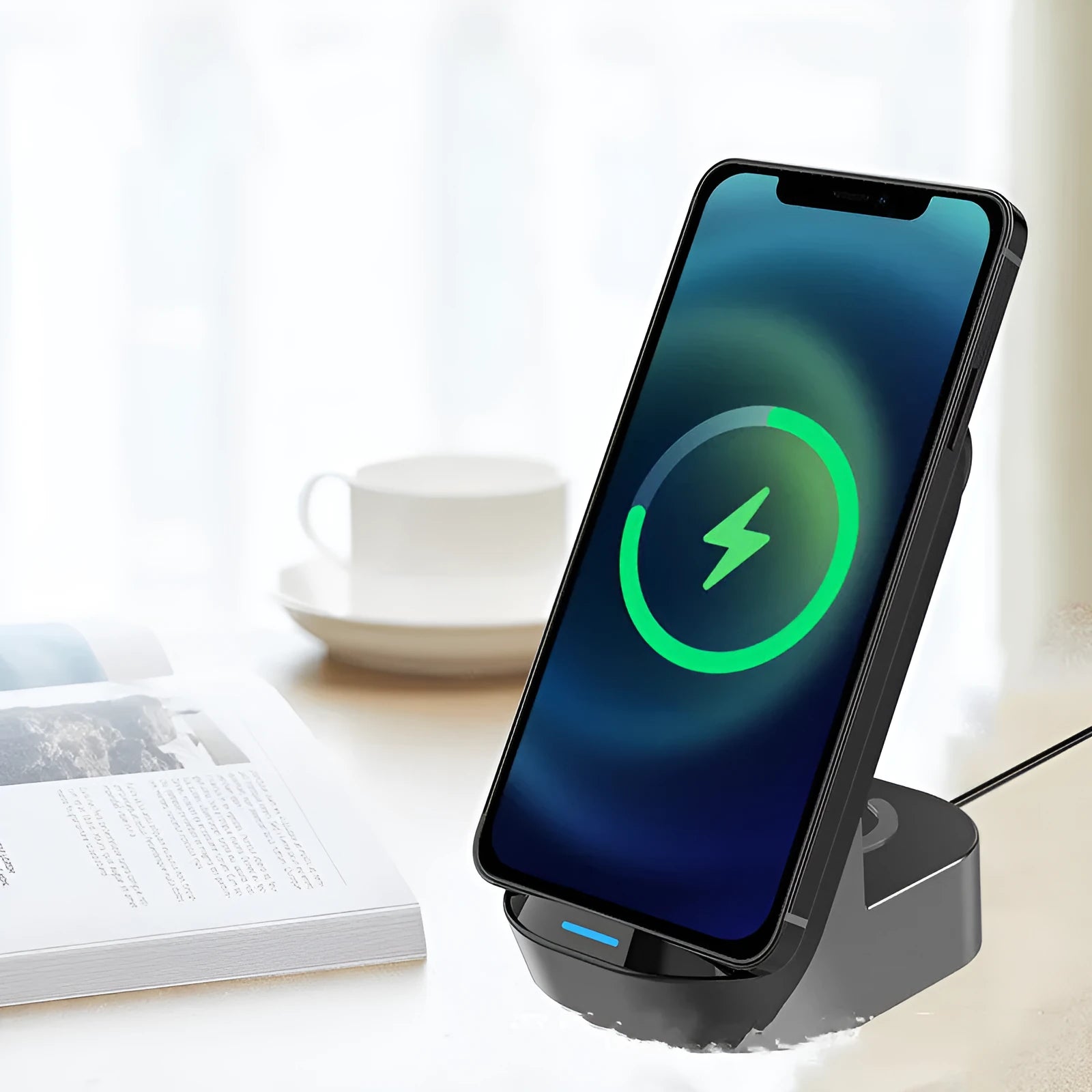 Black and grey foldable 3-in-1 wireless charging vertical stand for phone, watch and earbuds.