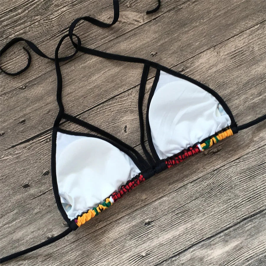 Women's digital print bikini with high-waist briefs and backless top design