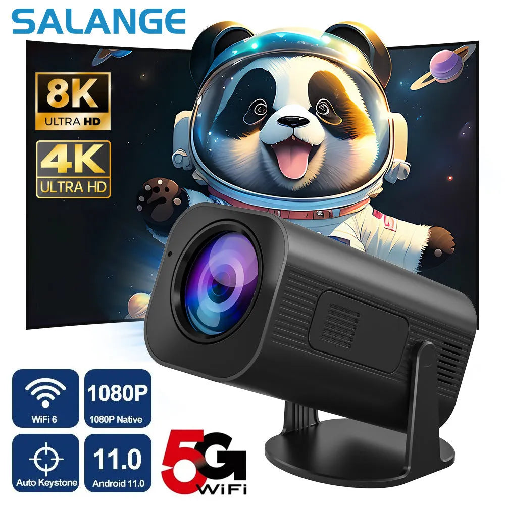 Black P330 portable mini projector with remote control on table displaying movie projection