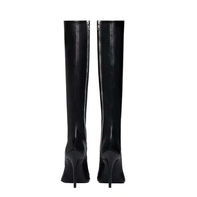 Black women's stiletto heel pointed toe knee-high boots with side zipper