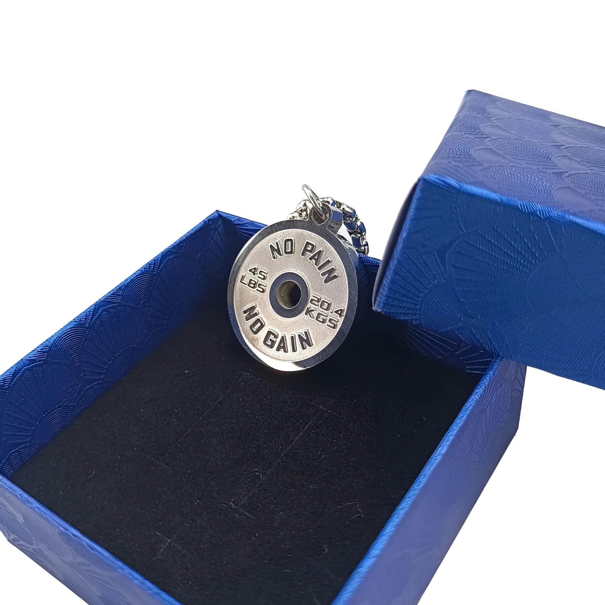 Polished stainless steel barbell disk necklace pendant with geometric design