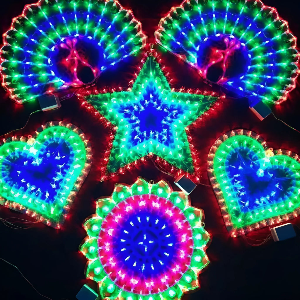 Outdoor decorative string lights with peacock, heart, sunflower and star shaped bulbs for Christmas festivals