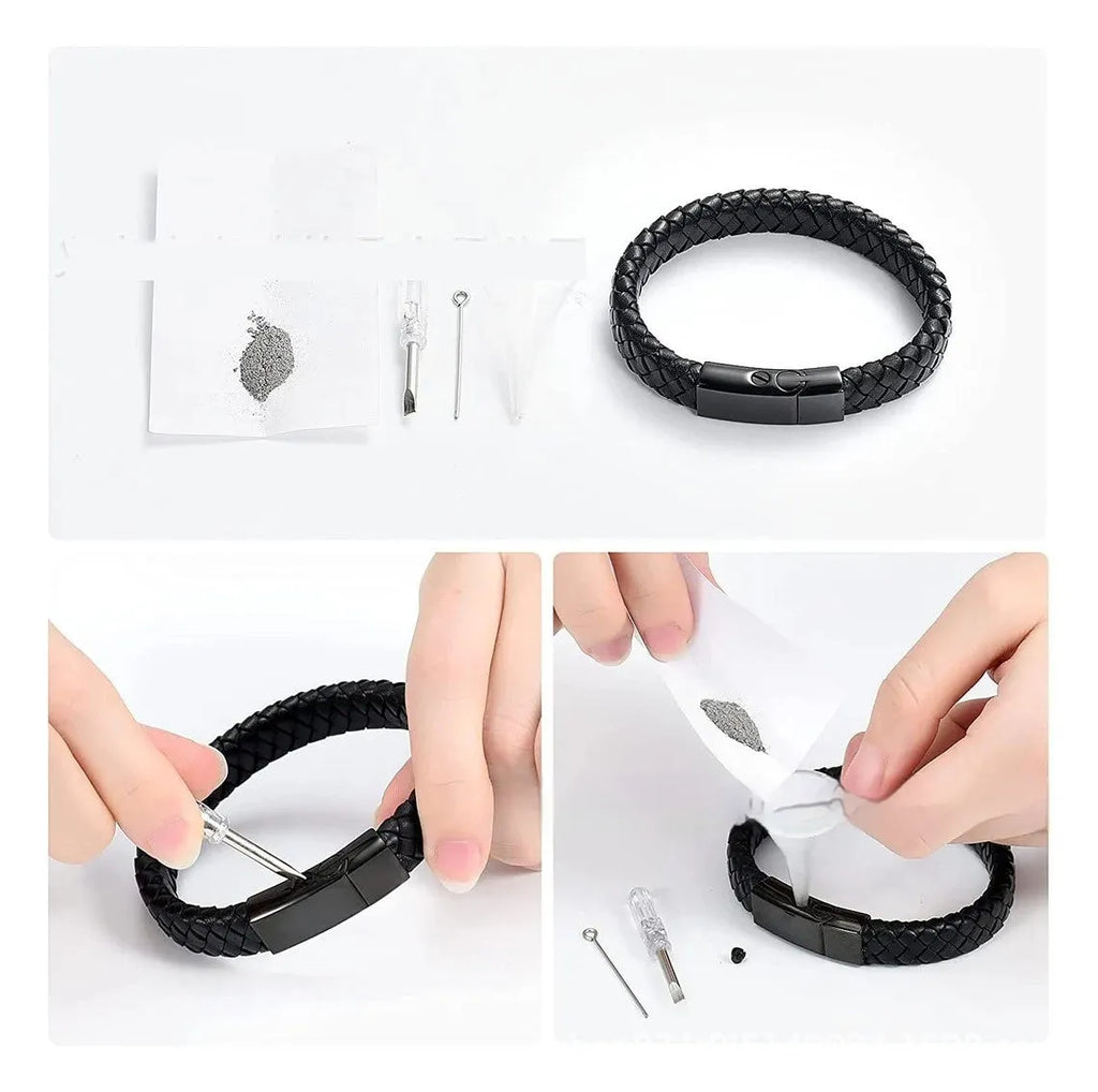 Black leather casket pendant on a woven stainless steel bracelet for personalisation.