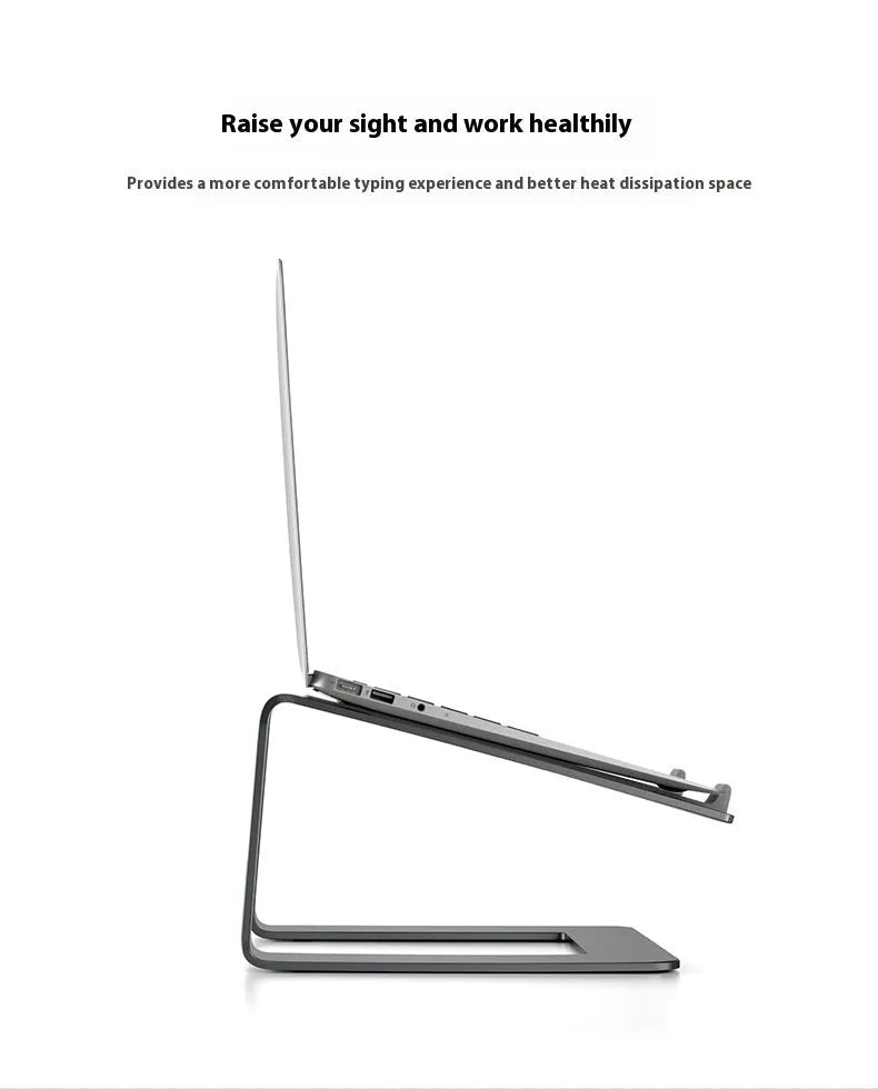 Black aluminium alloy laptop stand with open-frame design measuring 29.9cm wide on wooden desk