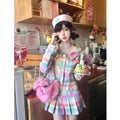 Women's high waist slimming pleated skirt suit set with cashmere long sleeve coat and cap skirt