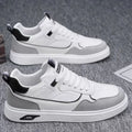 Men's canvas board shoes with mesh lining in black, beige and grey colours showing round toe and flat heel design