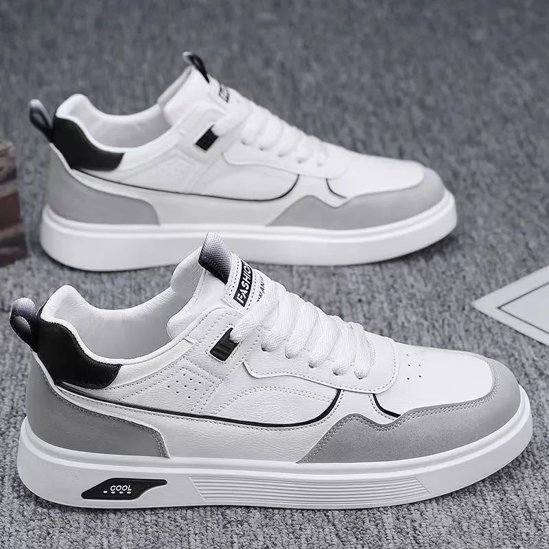 Men's canvas board shoes with mesh lining in black, beige and grey colours showing round toe and flat heel design